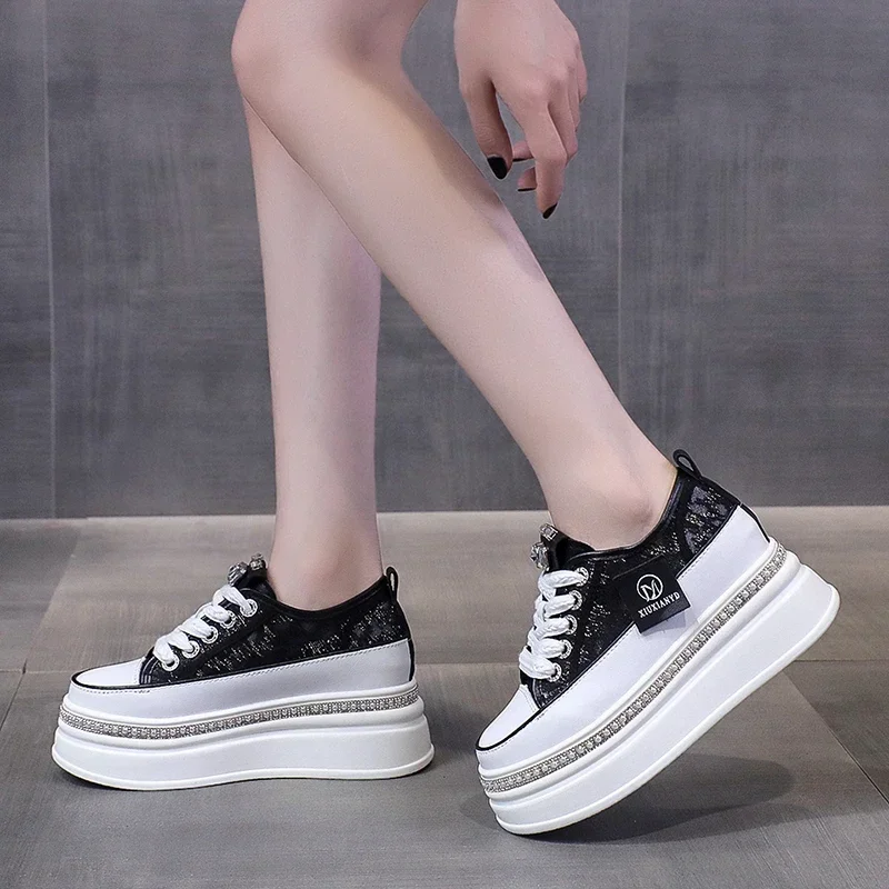 Women 8CM Platform Casual Outdoor Shoes Rhinestone Shine Decoration Sneakers Lace Up Walking Sport Breathable Thick Bottom Shoes