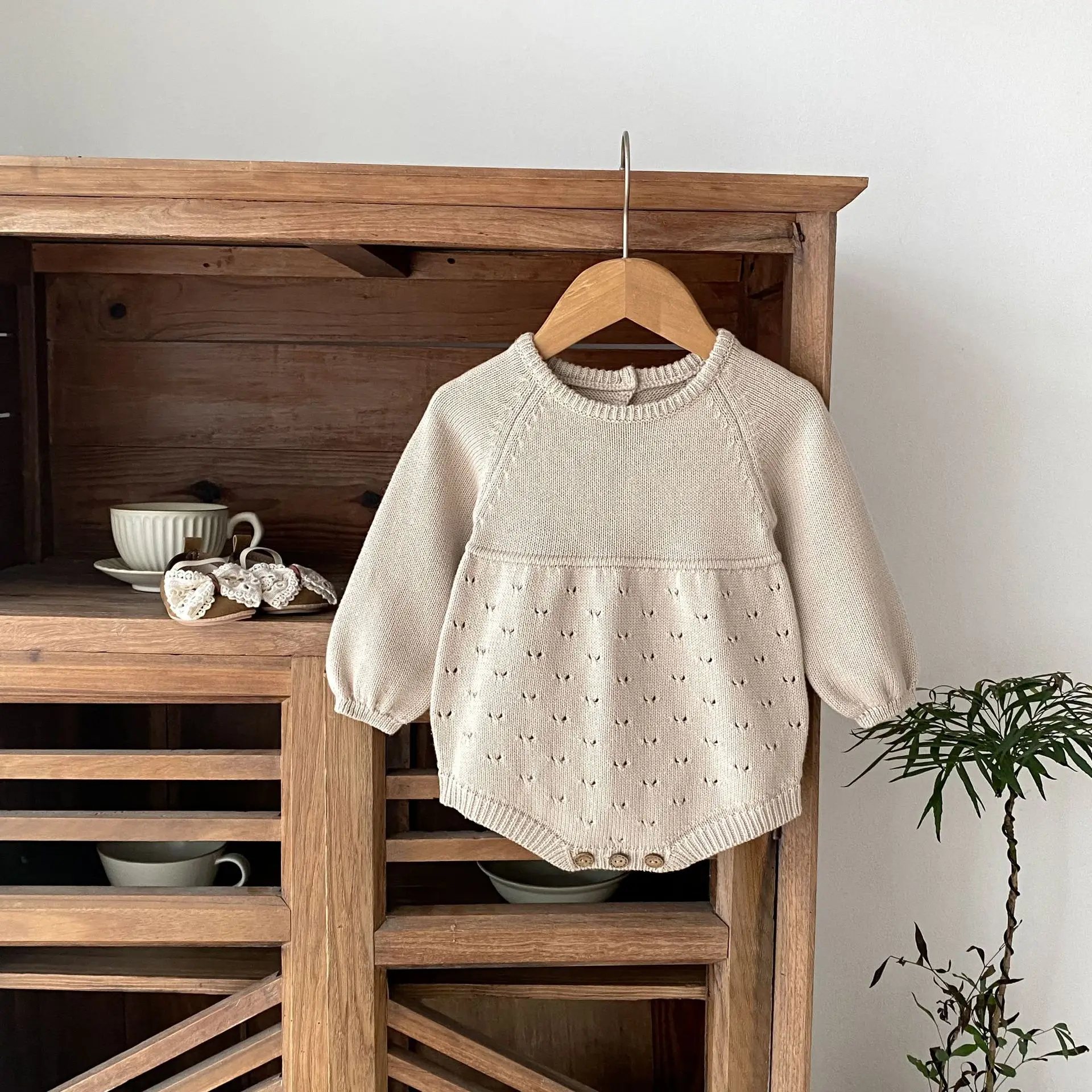 

Newborn Toddler Boy Hollow Out Jumpsuit Solid Infant Clothes 0-24M 2025 Autumn New Baby Girl Long Sleeve Knit Bodysuit Cotton