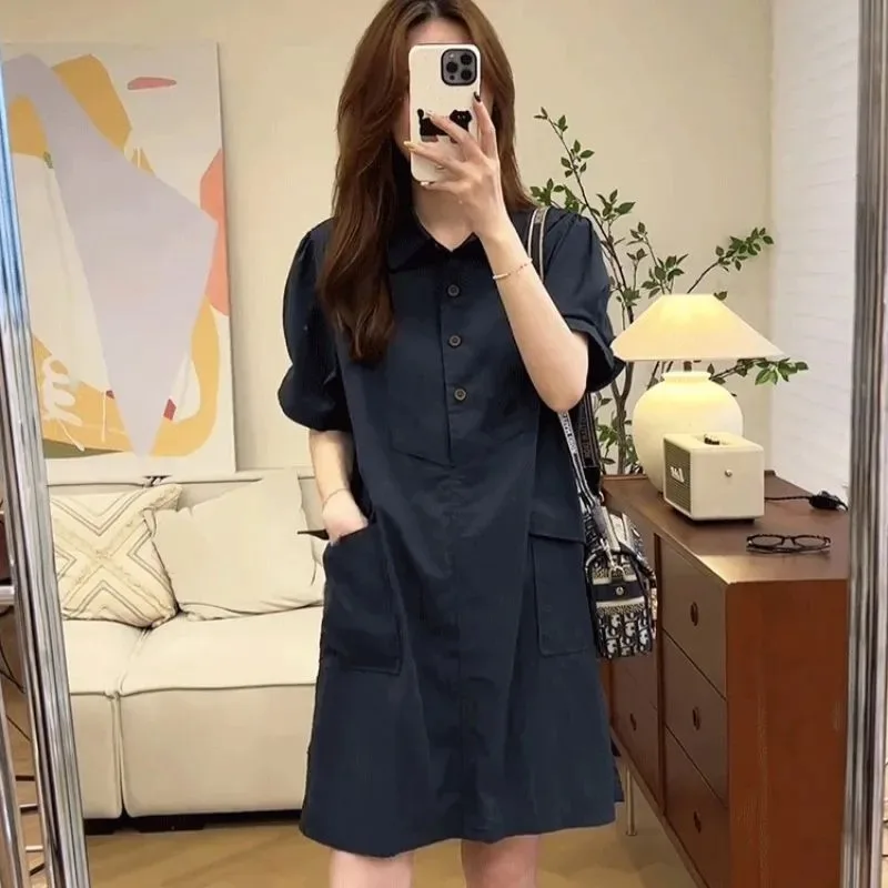 Neues Hochwertiges Damen-Funktionshemdkleid Sommer Lässiges Locker Sitzendes Tunika-Kleid mit Taschen