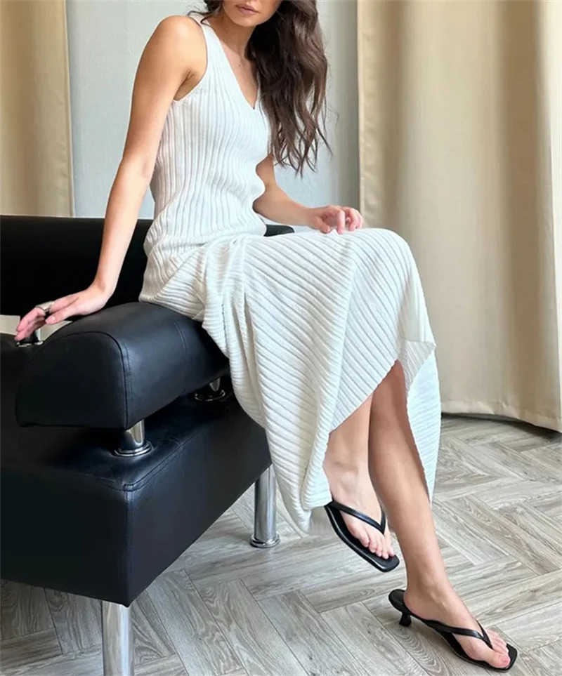 Women's Sexy Sleeveless Deep V Neck Long Knit Bandage Dress Beach Crochet Bikini Cover-Up Swimsuit Slim Cover Ups Swimwear Robe