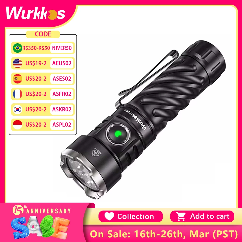 Wurkkos TS26S Rechargeable 21700 Powerful Flashlight 519A Max 3100LM IPX8 Magnet Tail & 3A Reverse Charging Self Defense Torch