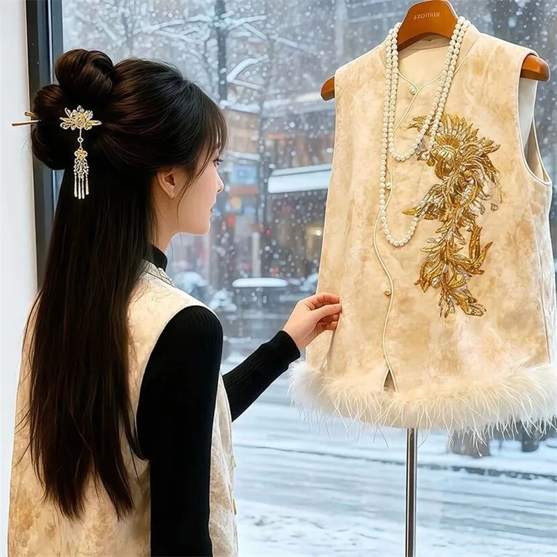 Women's Jackets Women's Vests Exquisite Ostrich fur Vest in Spring and Autumn Luxurious and High-grade Elegant Padded Vest Coat