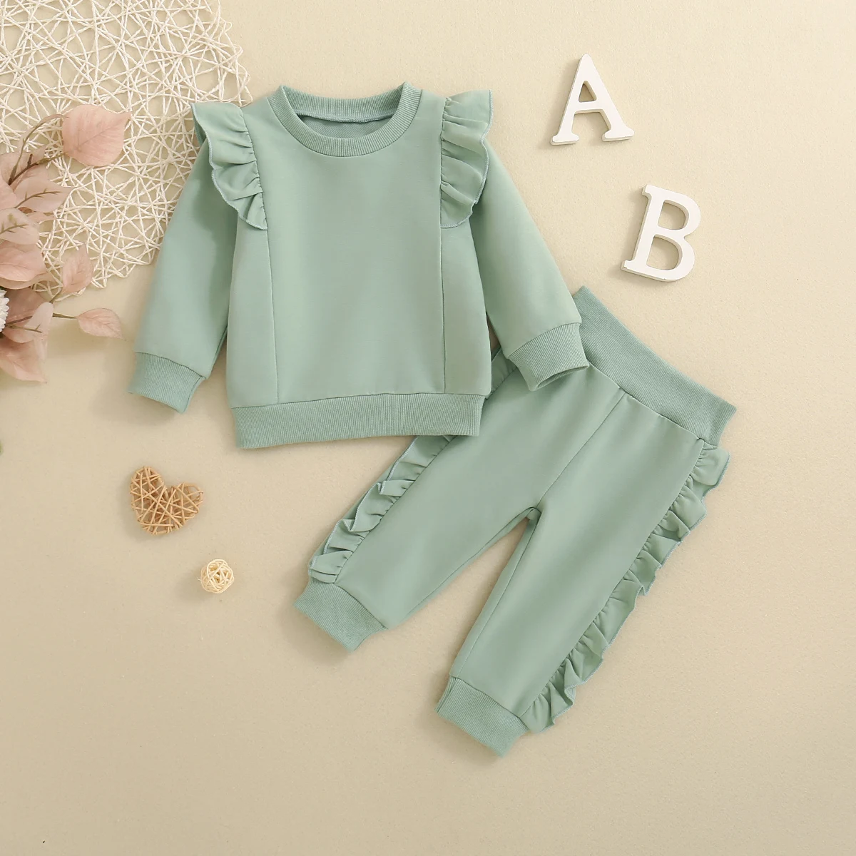 

2PC Autumn Baby Girl Green Solid Colour Printed Ruffle Lace Long Sleeve Top with Long Pants
