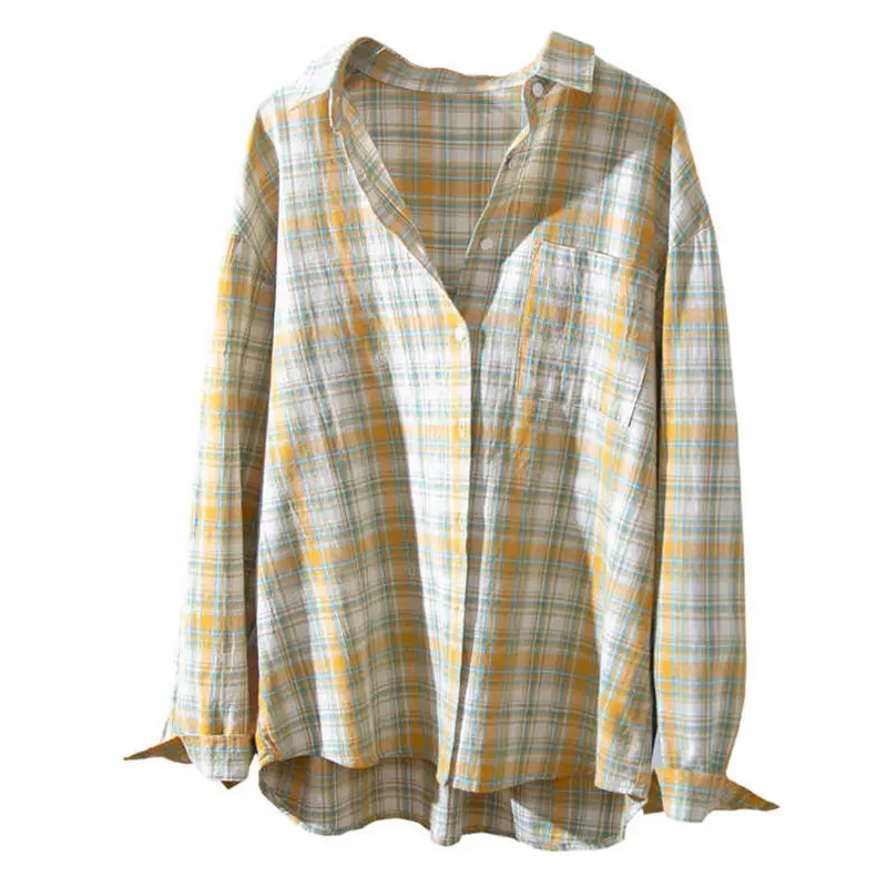

Клетчатая рубашка для женщин, весенний новый стиль, литературная свободная повседневная рубашка из чистого хлопка с длинными рукавами в стиле ретро, желто-зеленая
