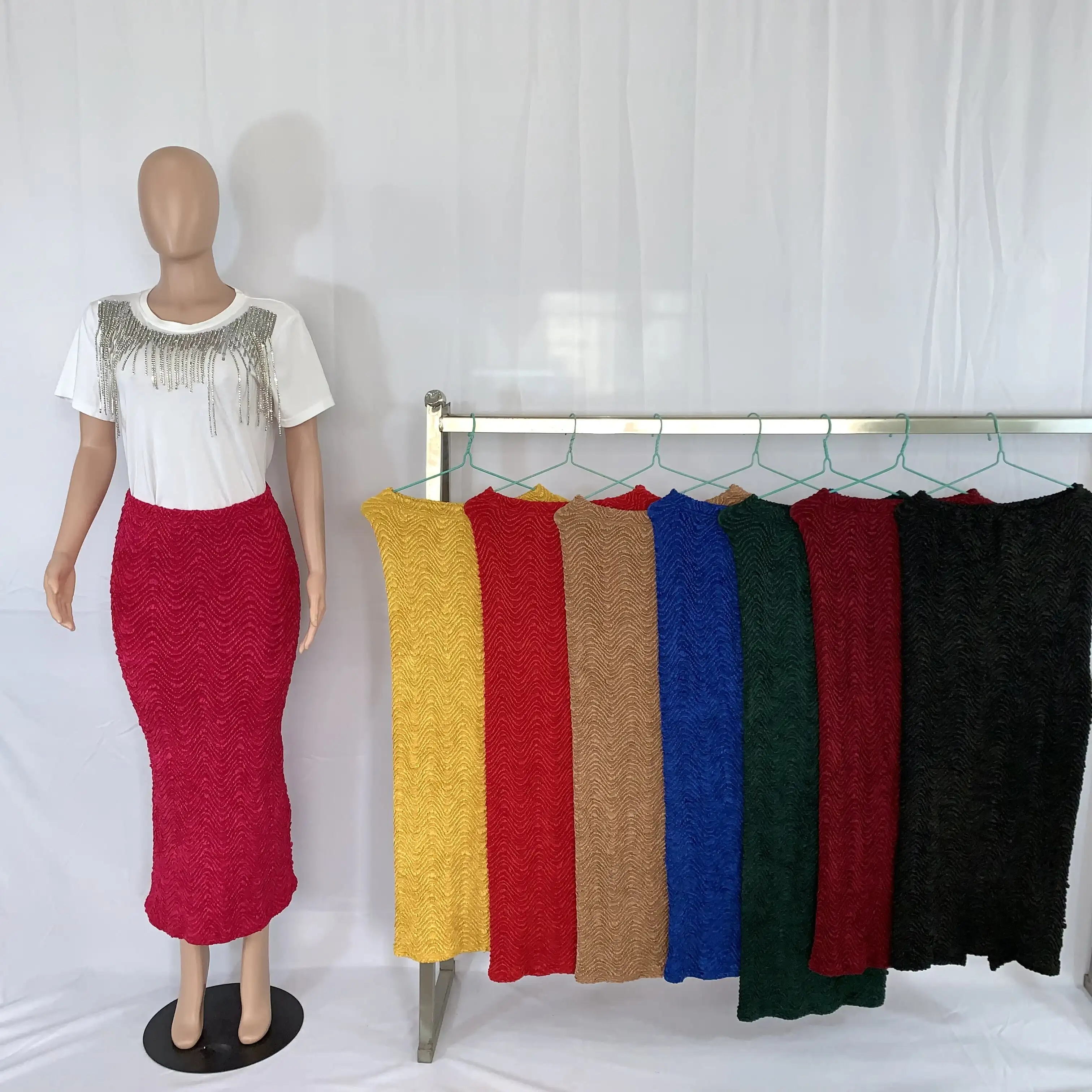 2024 Spring Summer 190904# New Type Knitted Long Fashion High Waist Pastel Hot Sale Dress Colorful Plus Size Skirt