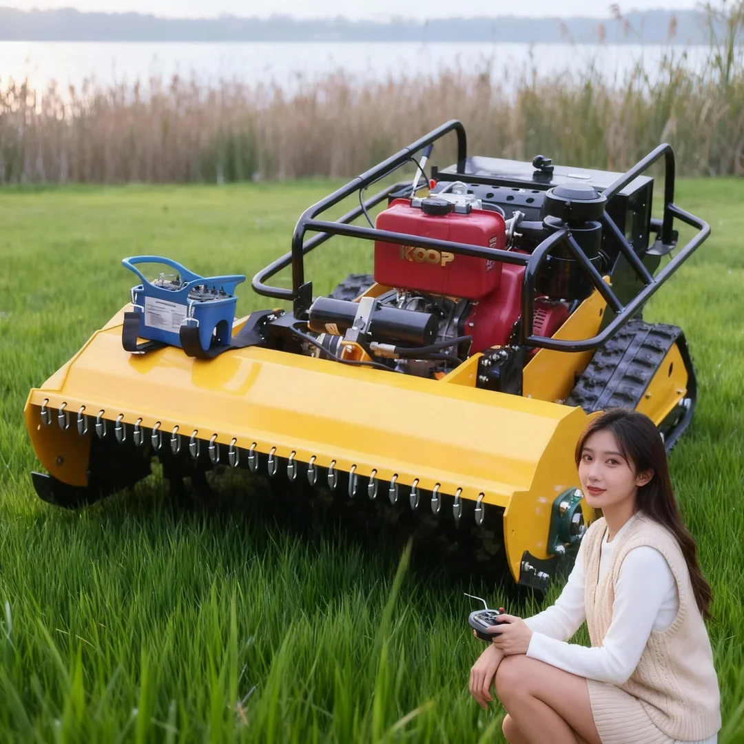 Customized remote-controlled lawnmower, with customizable configuration, available in blue and yellow.