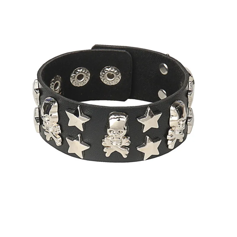 New Skeleton Dog Star Skull Rivets Spike Punk Gothic Rock Leather Buckle Studded Bracelet For Women Men Bracelets Bangles