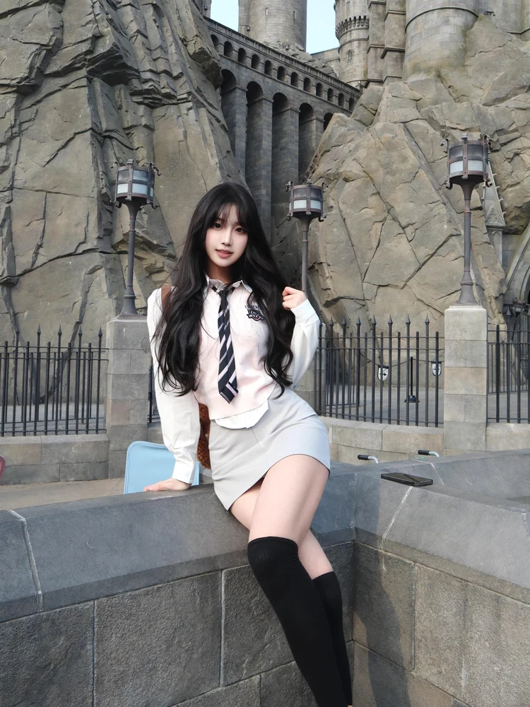 

Светло-розовый вязаный комплект Long Sve irt и юбка, наряд на Хэллоуин, школьный orm Sle JK, женский комплект Faion