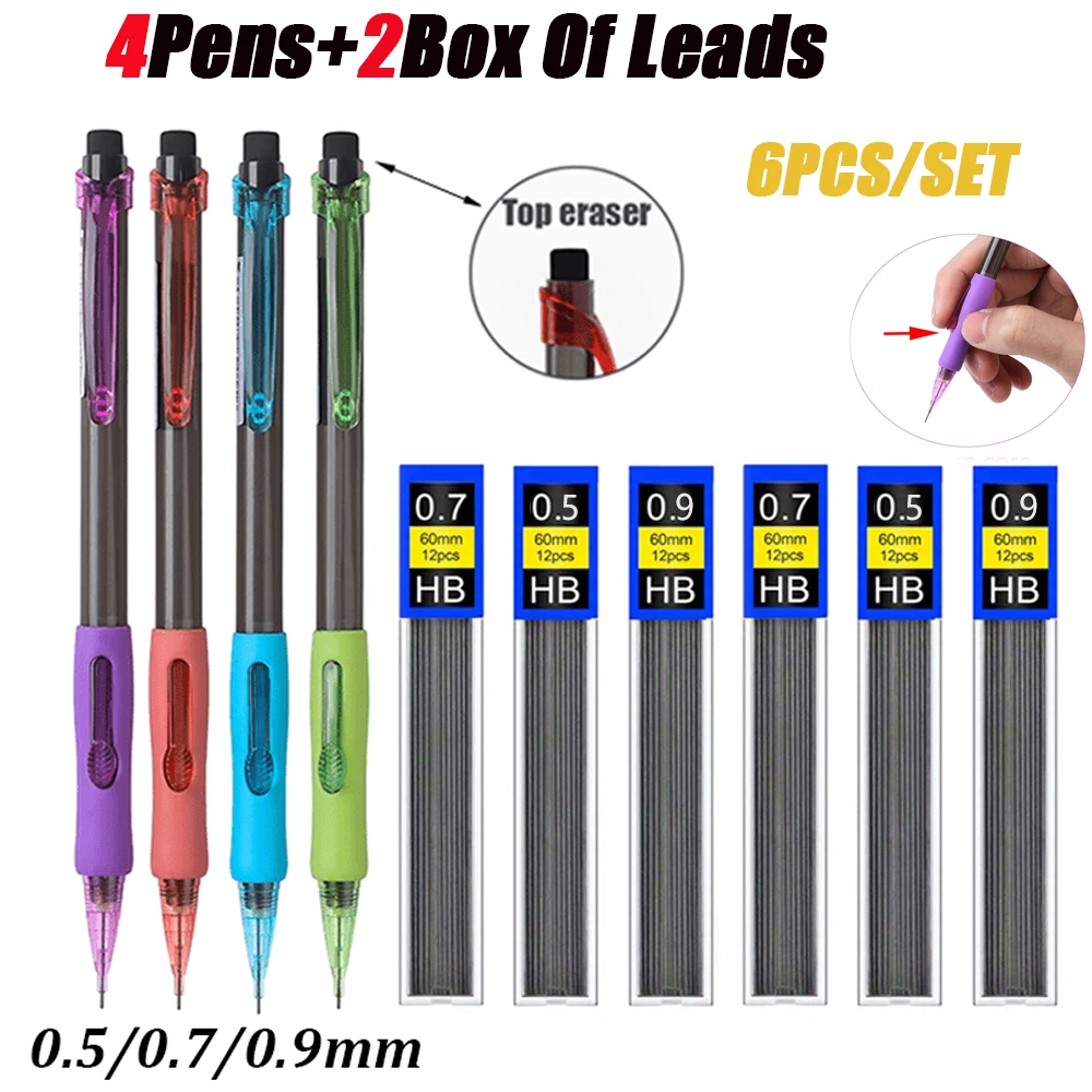 

Новый набор механических карандашей с боковым нажатием 0.5, 0.7, 0.9 мм, 2 коробки с грифелями, автоматический карандаш со встроенным ластиком для офисных принадлежностей