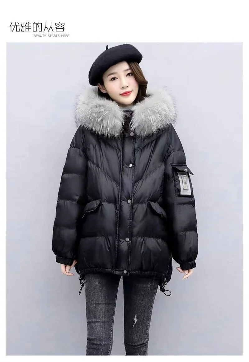 Down Cotton Jacket 2026 New Women's Mid Length Korean Version Loose Fitting Thick Jacket Large Woolen Collar Winter Hooded Outfi