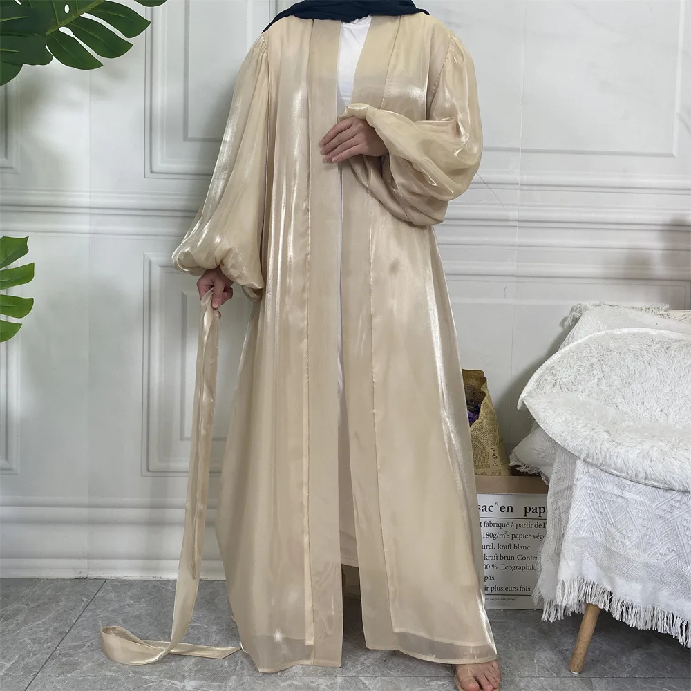 

New Fashion Arab Shiny Silk Net Color Elastic Lantern Sleeve Lining Cardigan 1941 Robe Abaya Ramadan Dubai Luxury Islam Elegant