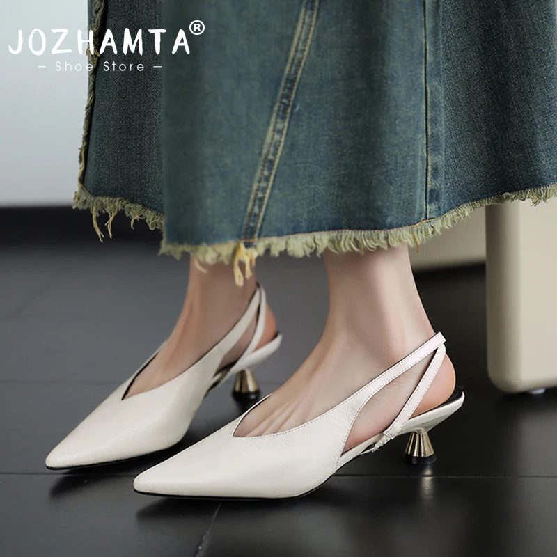 JOZHAMTA Size 34-43 Women Vintage Slingback Pumps Genuine Leather Kitten Heels Summer Shoes Sexy Pointy Office Lady Daily Dress