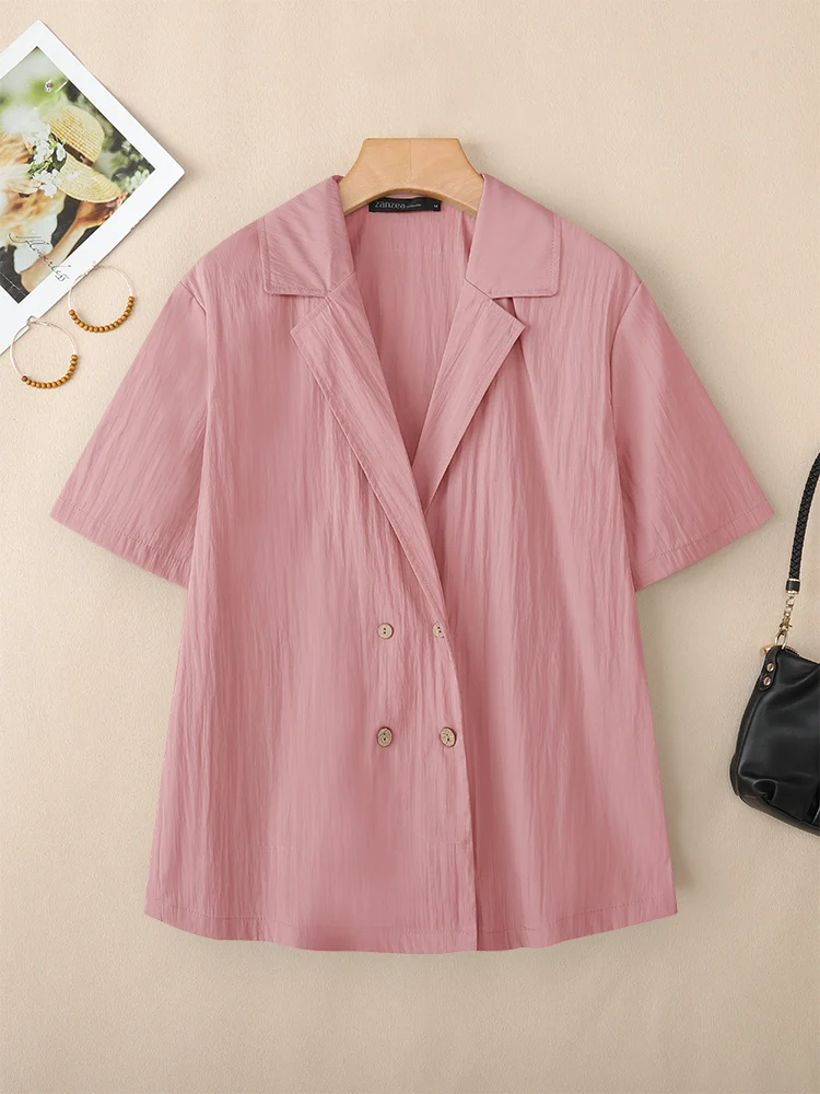 

Женские летние тонкие блейзерные рубашки 2025 ZANZEA, модные двубортные однотонные верхние пальто, повседневные свободные рубашки, элегантный офисный топ