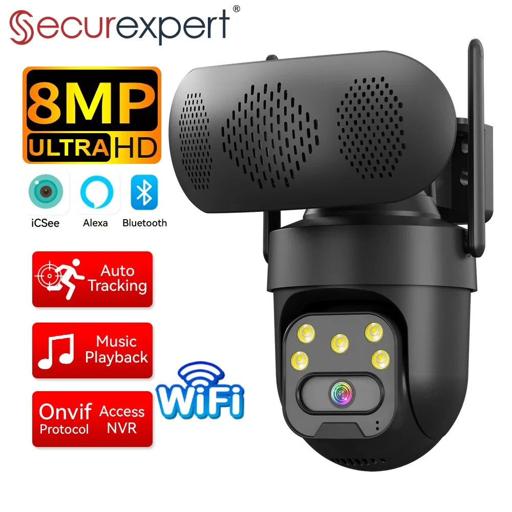 8MP/4MP WiFi IP Camera With Music Player Outdoor Color Night Vision Human Auto Tracking Security Cameras Bluetooth Speaker Alexa