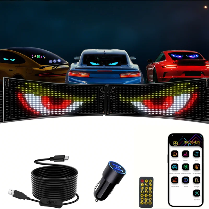 2PCS Auto Teufel Augen Licht LED Flexible Bildschirm Benutzerdefinierte Text Programmierbare Animierte Zeichen Matrix Panel für Auto Lkw SUV Windschutzscheibe