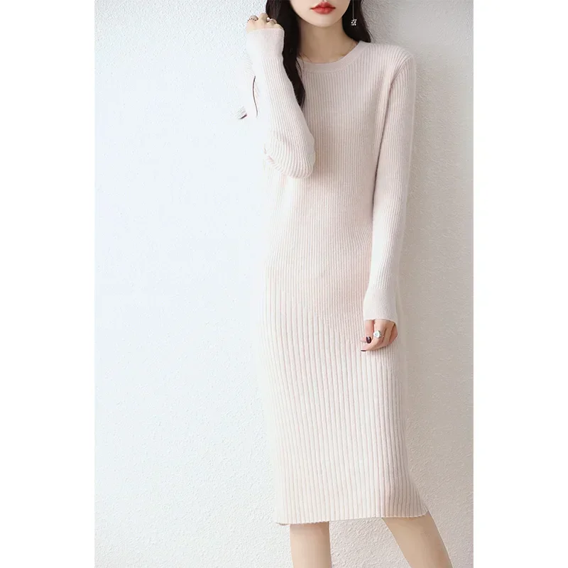 2023 Autumn Winter High Elasticity 100% Wool Sweater Dress Women Thicken Warm Slim Dresses Female Casual Basic Knitted Pullover