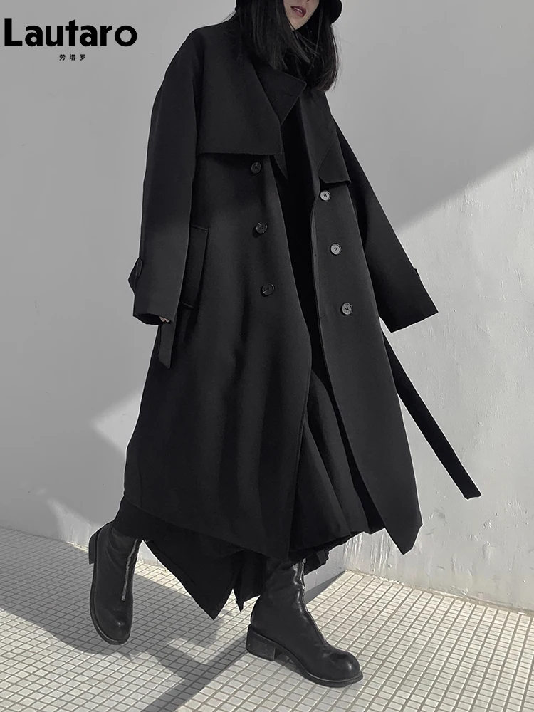 

Lautaro Winter Oversized Black Trench Coat for Women Sashes Dark Academia Aesthetic Vintage Clothes with Quilted Lining Inside