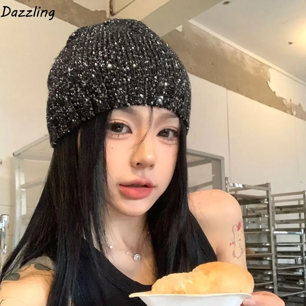 

Casual Vintage Sequin Knitted Hat Bowknot Hollow Beanie Hat Jennie Style Thin Woven Cap Autumn