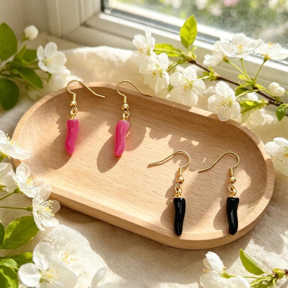 Glossy Solid 3D Small Pepper Ear Hook Earrings, Available in Pink and Black, Fresh and Casual Daily Earrings for Women