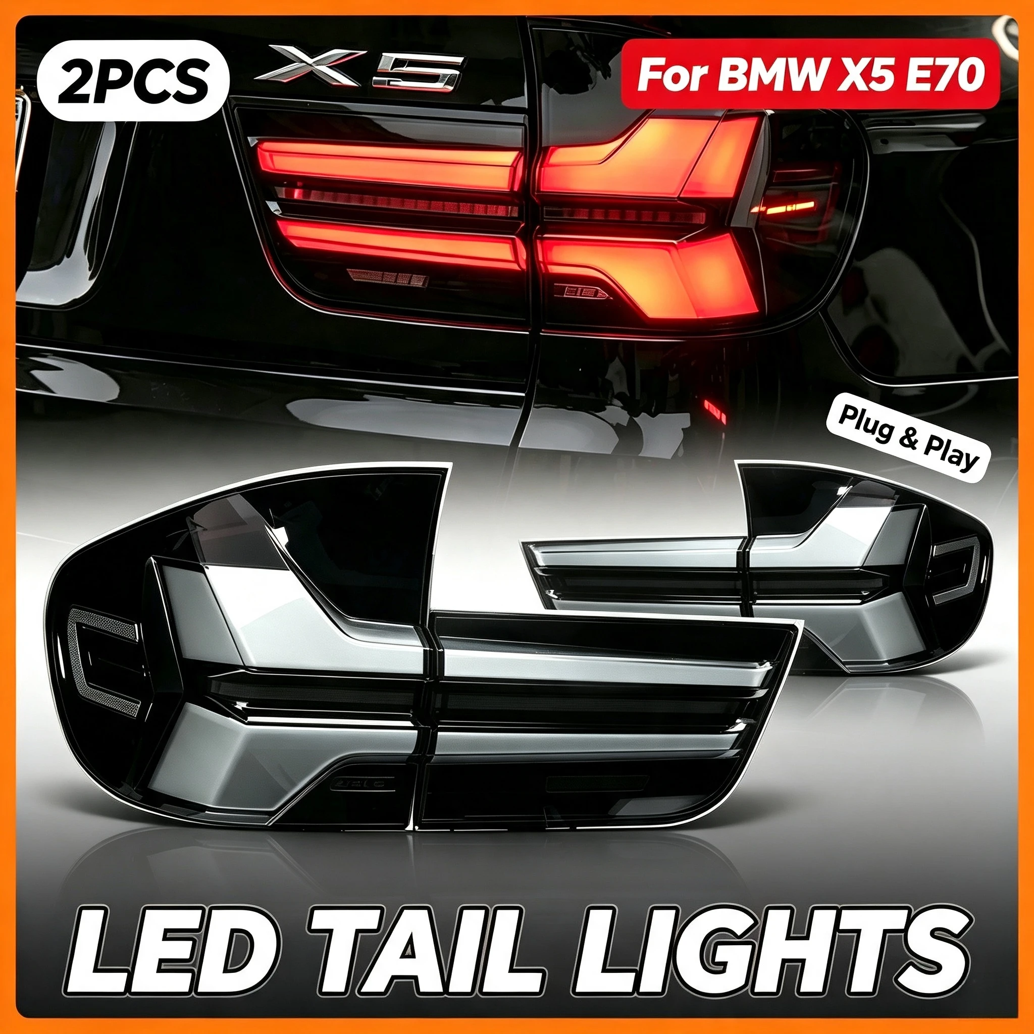 Światło tylne LED do BMW X5 E70 2007‑2013 w stylu 2024 z funkcją DRL, sygnalizacją, światłem hamowania i cofania.