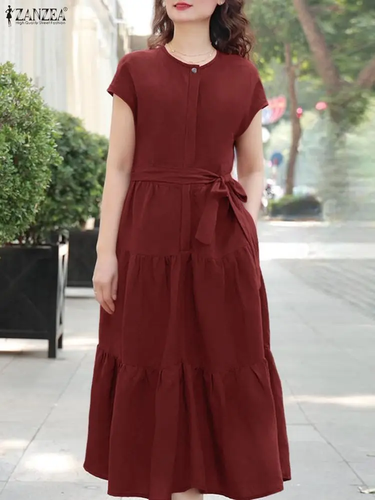 

ZANZEA Elegant A-Line Tiered Midi Dresses Womens Summer Casual O-Neck Short Sleeve Belted Solid Color Commuting Wear Dress S-3XL