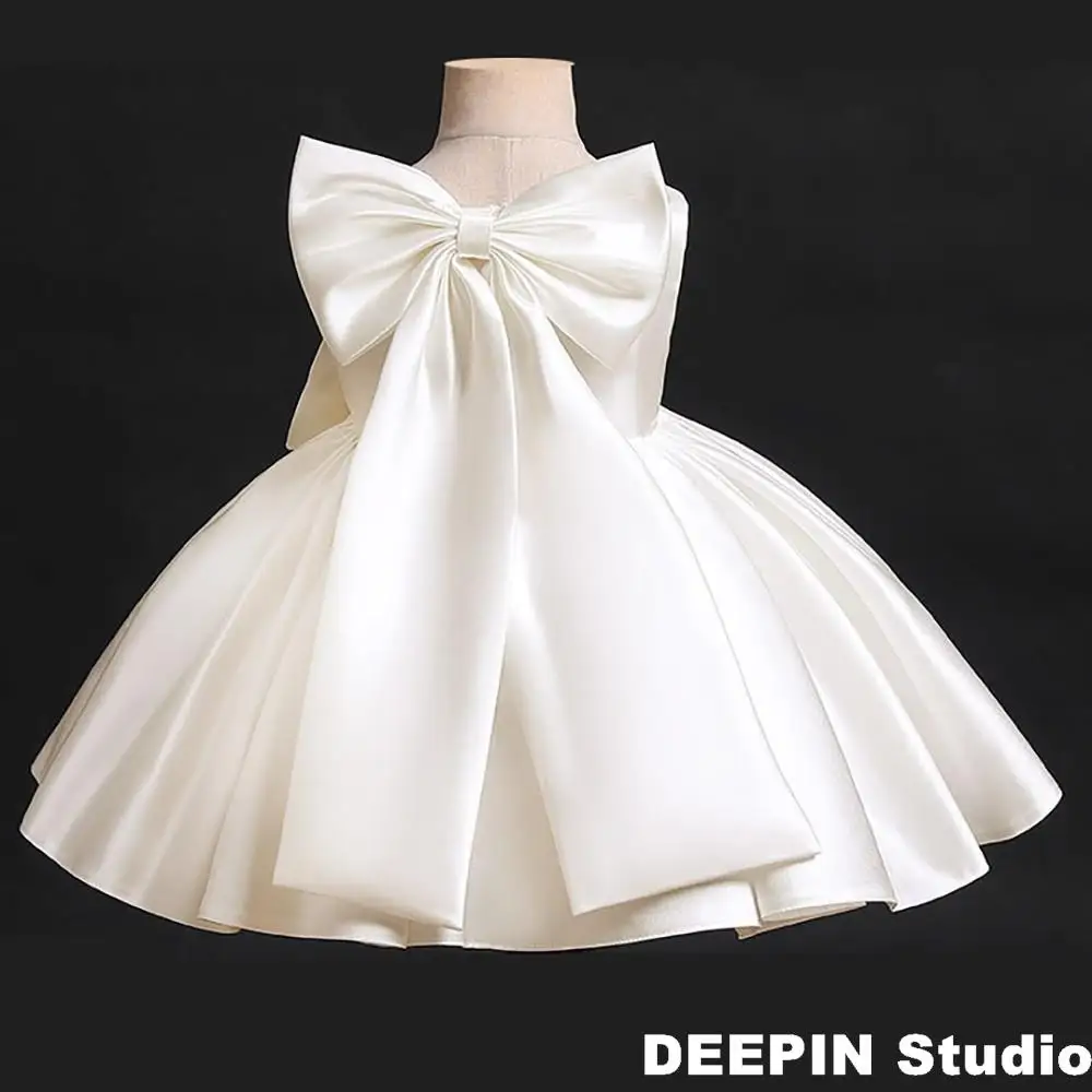 Children's Girls Casual Dress 2024 New Kids Girls Big Bow Lovely Princess Satin Fabric Tutu Dresses Festival / Performance Dress