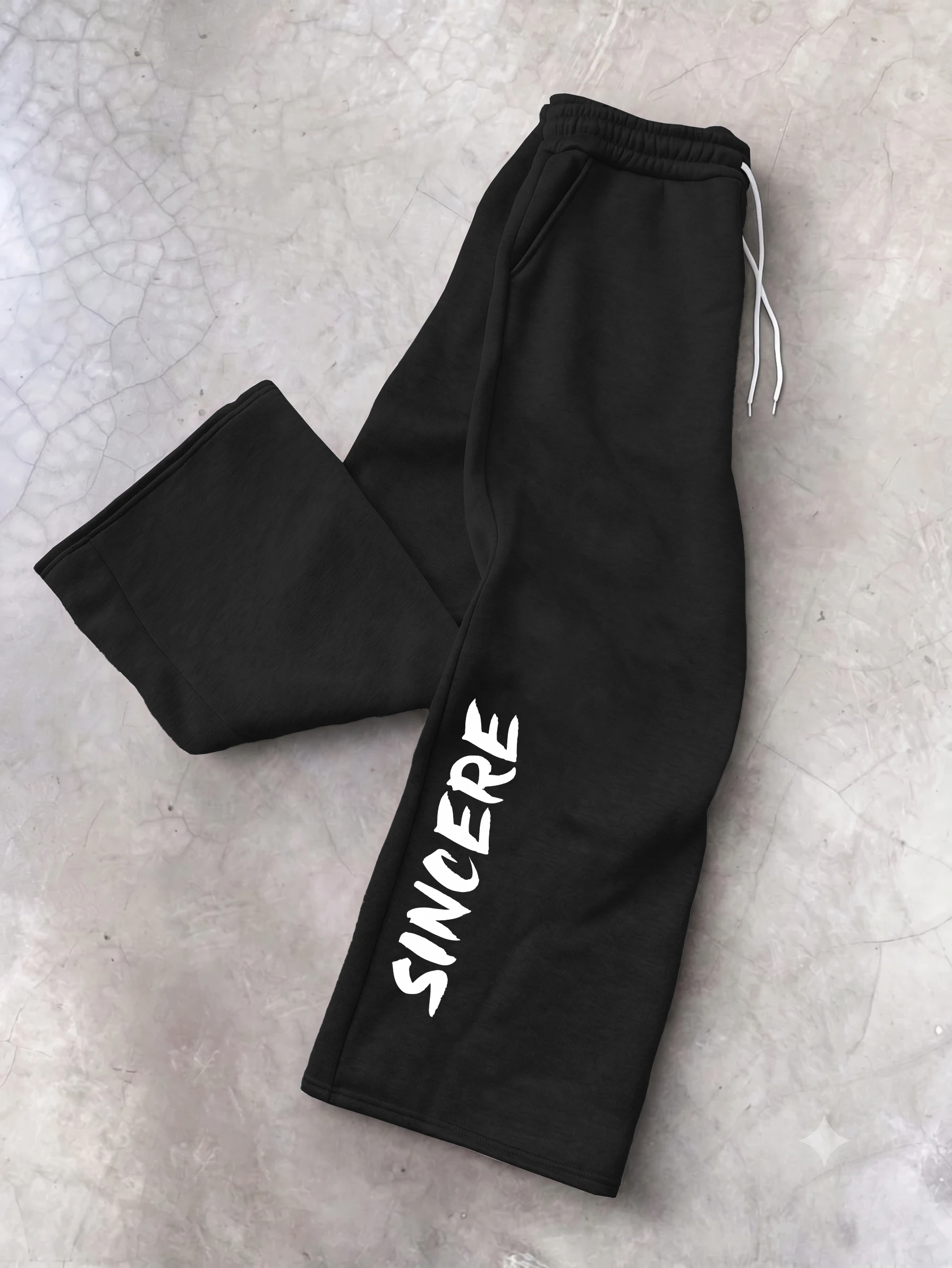Men's Loose Wide‑Leg Sweatpants Drawstring Elastic Waist SINCERE Letter Print Casual Sports Trousers Polyester S‑2XL 1Pc