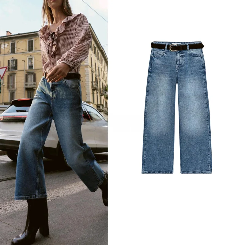 

Джинсы с высокой талией и широкими штанинами, семь футов, украшенные молнией и поясом, женские осенние новые джинсы в стиле ретро, женские джинсы