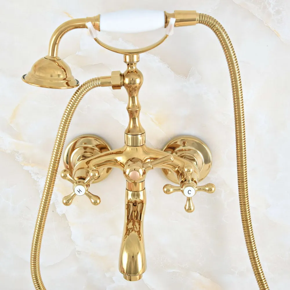 

Luxury Polished Gold Color Brass Bathroom Wall Mounted Clawfoot Tub Faucet Taps Set With Hand Held Shower Head Spray mna809