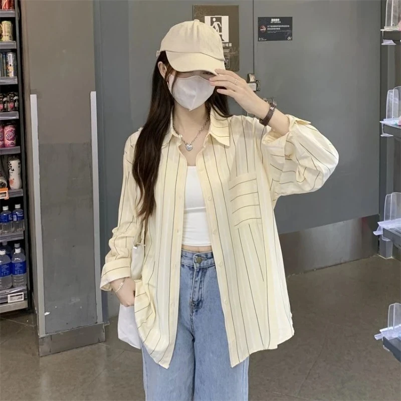 

Полосатые рубашки и блузки с карманами для женщин Y2k, модная уличная одежда, элегантный и молодежный простой дешевый стильный топ 2220.