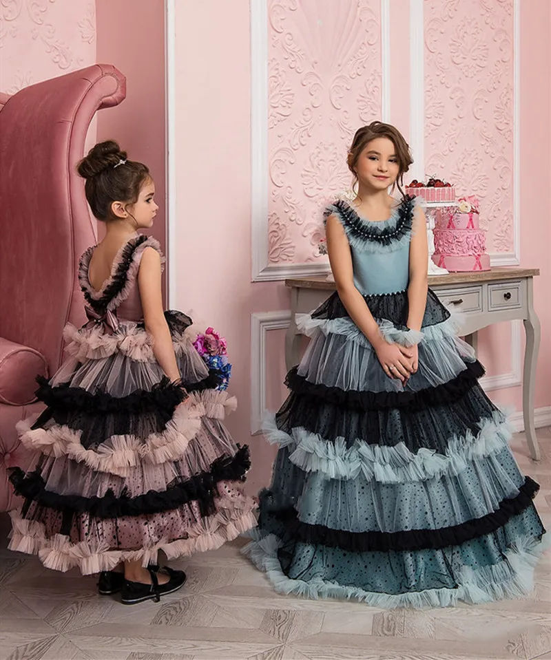 Elegant Flower Girl Dress for Wedding Layered Puffy Dotted Tulle O Neck Birthday Party Pageant Ball Gown First Communion Wear