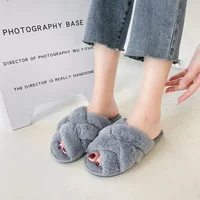 Fashionable Women's Cross Open-Toe Fur Slippers Indoor Home Cotton Slippers Flat Heel Autumn Winter New Arrival Korean Style - Image 3