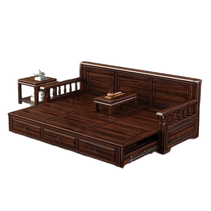 Purple gold sandalwood solid wood push-pull retractable sofa new Chinese carved zen arhat couch retro
