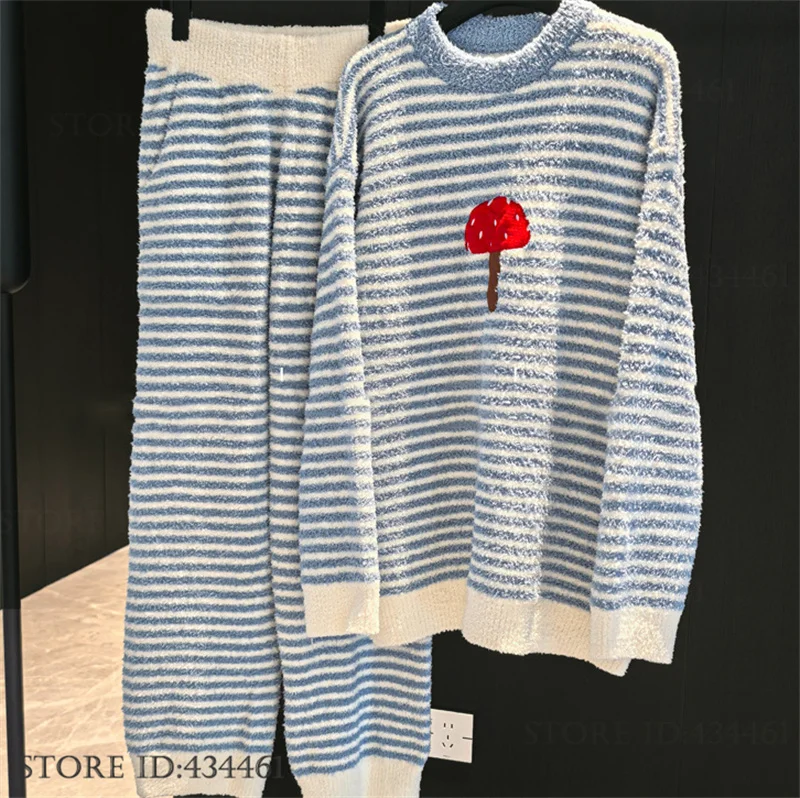 Thicken Flannel Female 2PCS Pajamas Set Loungewear Autumn Winter New Sleepwear Home Clothes Loose Cartoon Coral Fleece Pijamas