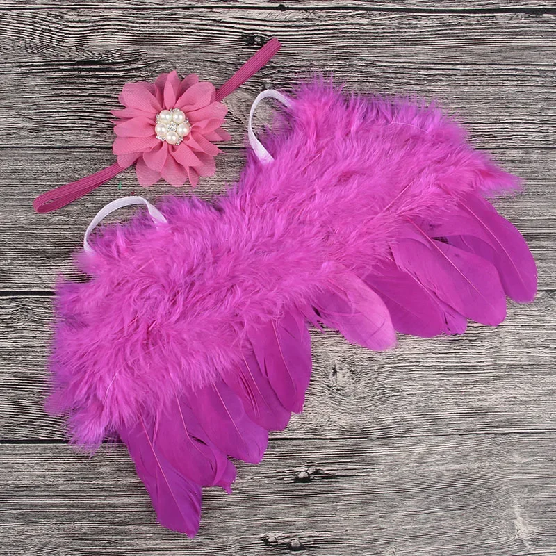 2pcs/set Lovely Newborn Angel Feather Wings with Baby Girl Chiffon Flower Headband Hair Accessories for Kids Photography Props