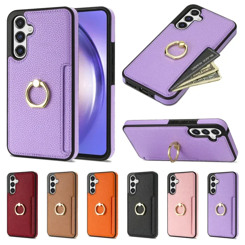 Wallet Ring Bracket With Adjustable And Rotating Leather Cover For Samsung Galaxy S24 Ultra S23 Plus S22 S21 S20 FE A54 A53 A14