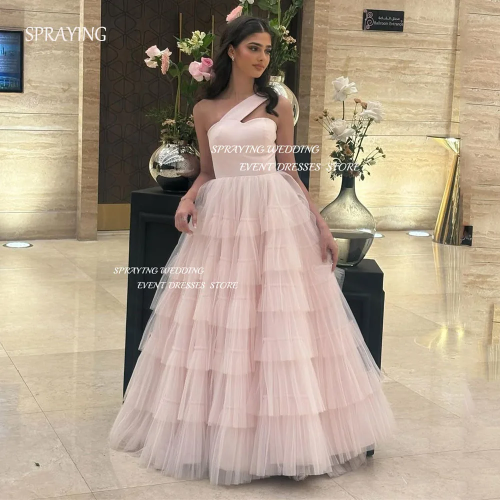 SPRAYING Elegant Sweetheart Evening Dress Pink Tulle Prom Gown Floor Length Tiered Party Dress Customized Arab Dubai فستان سهرة