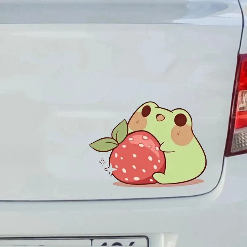 

Cute Frog Strawberry Vinyl Stickers Cartoon Animal Decals for Laptop Water Bottle Car Window Decor