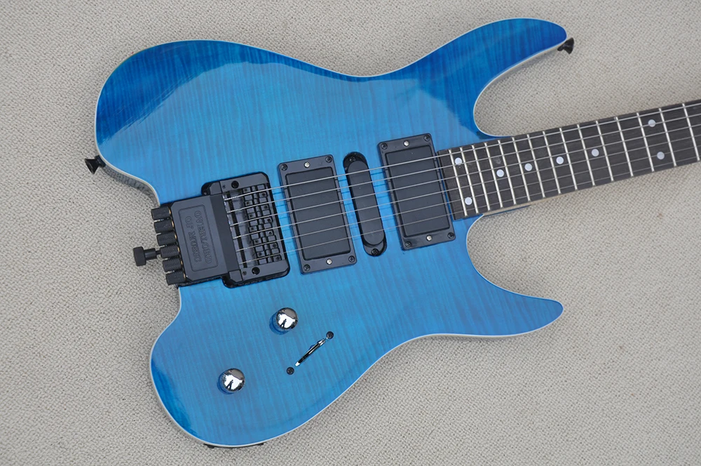 6 Strings Blue Headless Electric Guitar with Flame Maple Veneer,24 Frets,Rosewood Fretboard