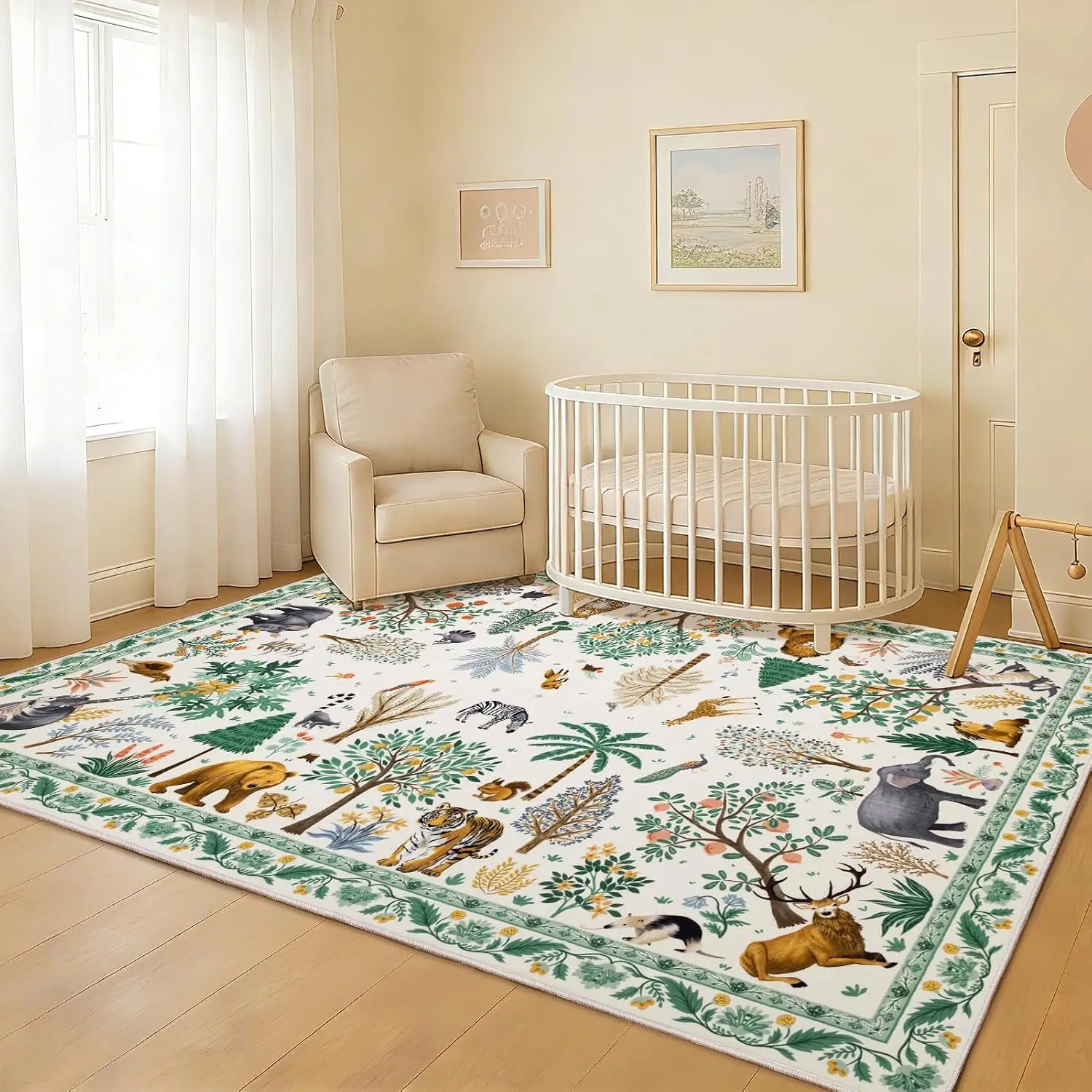 1pc 2D Flat White Base Forest Wild Animal Printed Floor Mat, Decorative Rug for Living Room, Bedroom, Office, Home Decor