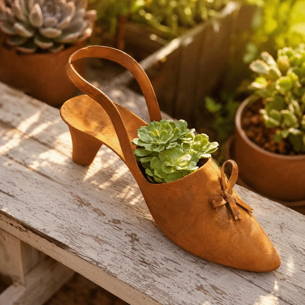 Rusty Finish High-Heeled Shoe Flower Basket Creative Retro Style Wall-Mounted Flower Pot Simulated Iron Flower Holder