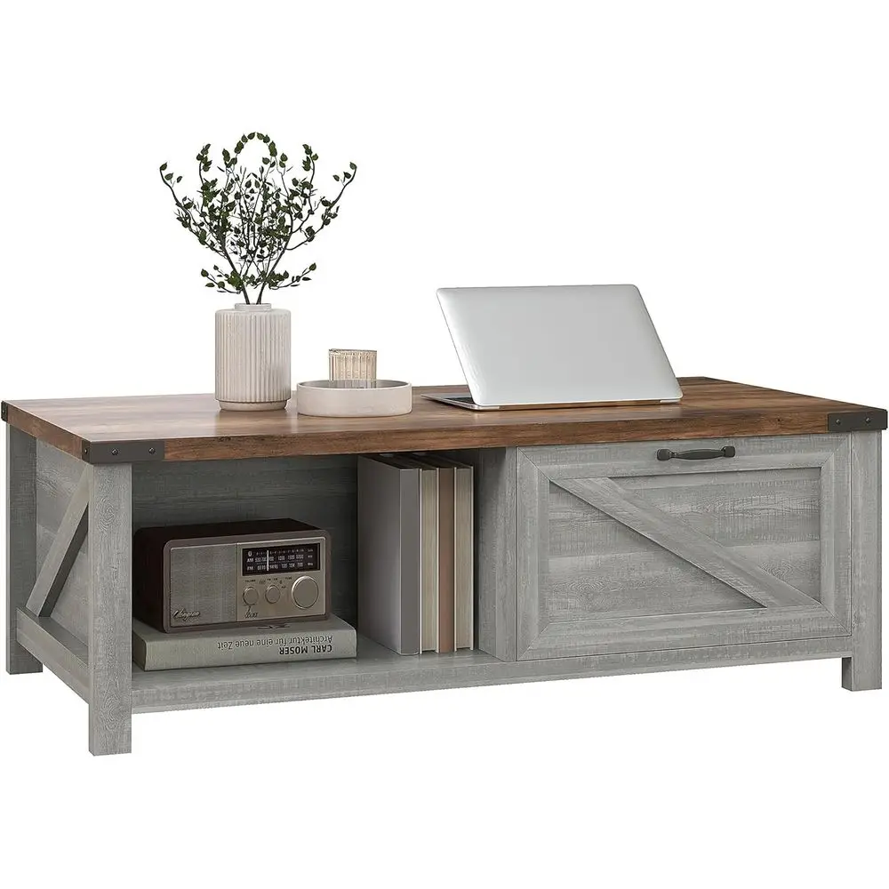 

Coffee Table with Storage and Drawer, Rustic for Living Room, Open Shelf, Distressed Gray