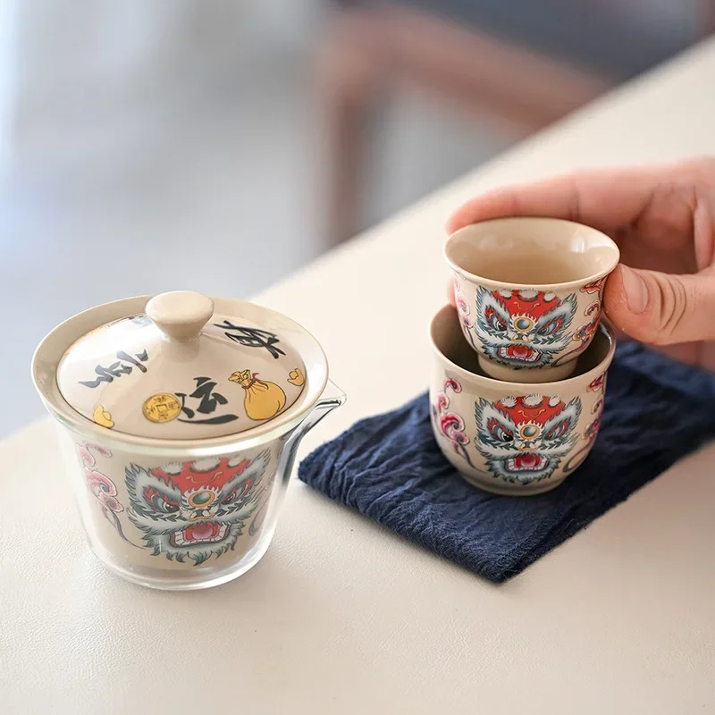 Chinese Style Grass and Wood Gray Lion Awakening Travel Ceramic Household Kung Fu Tea Set Anti-scalding Portable Outdoor Tea Set