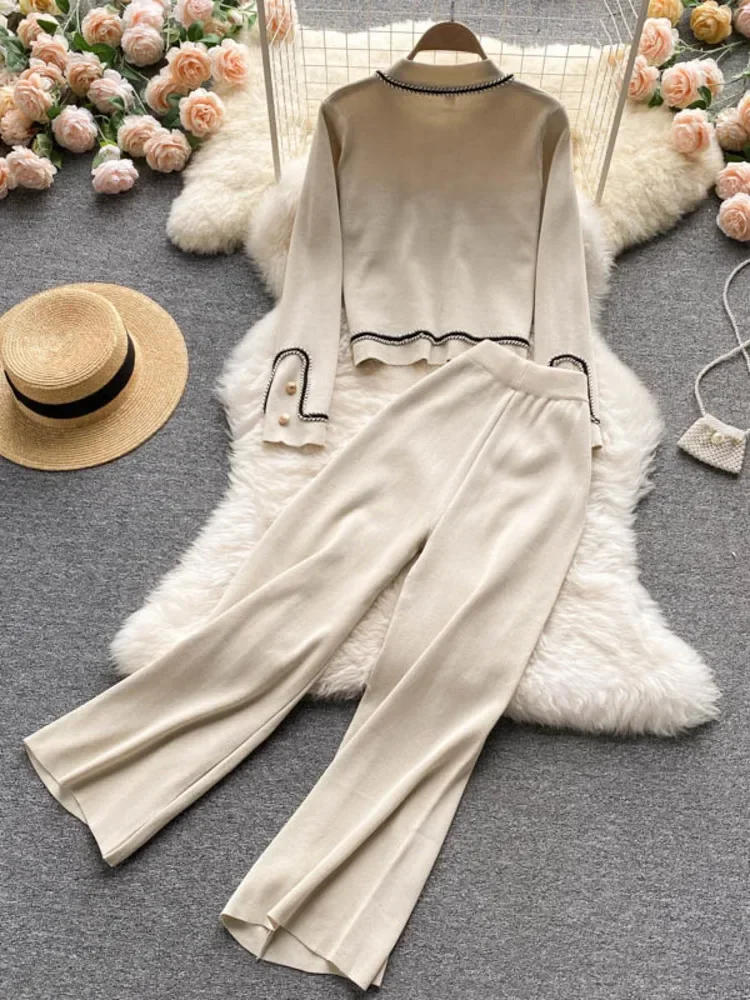 New Autumn Korean Fashion Casual Knit Two Piece Set Women Sweater Cardigan Crop Top + Wide Leg Pant Suits Tracksuit 2 Piece Sets