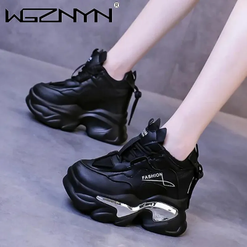 

Spring Women Mesh Chunky Sneakers Lace-Up White 11CM High Platform Ulzzang Leather Shoes Autumn Breathable Casual Sport Dad Shoe