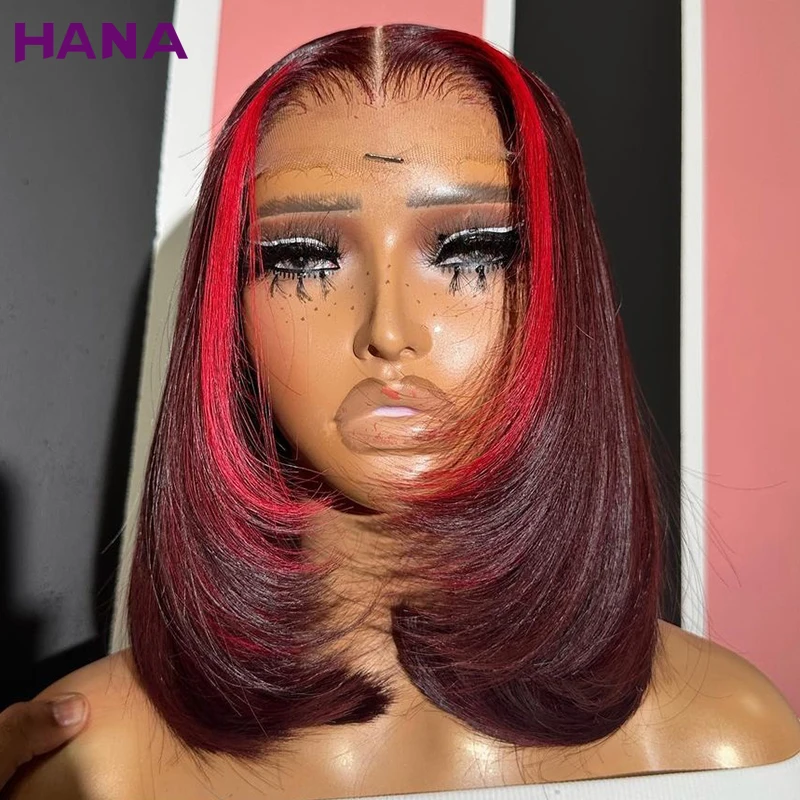 180% Density 99J Dark Burgundy With Cherry Red Bob Colored Straight Bob Wig 13x4 Big Lace Front Human Hair Wigs For Black Women