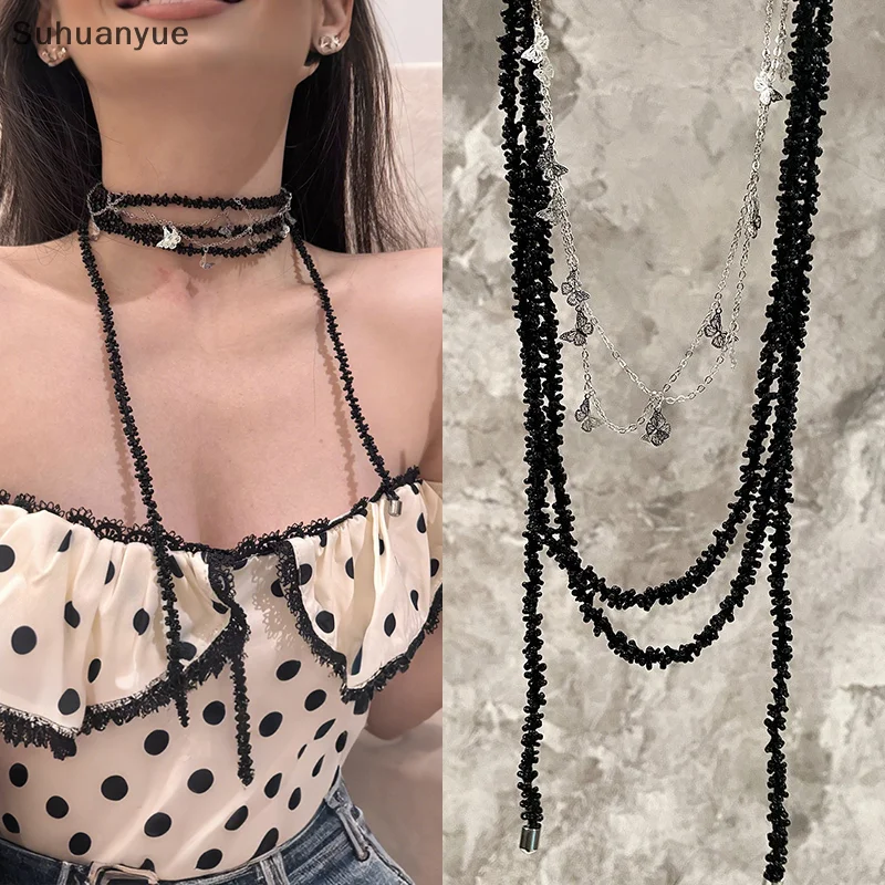 

Sweet Cool Spicy Girl Retro Beaded Necklace For Women Fashion Y2K Stacking Design Versatile Collarbone Chain Long Sweater Chain