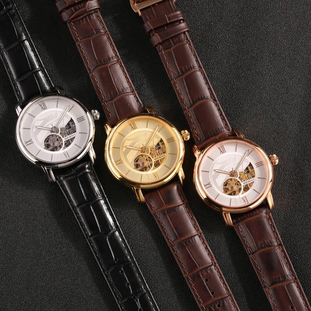 BERNY Men Automatic Mechanical Watch BERNY 8N24 Skeleton Watches Self Winding Sapphire 5Bar Waterproof Luxury Gold Wristwatch