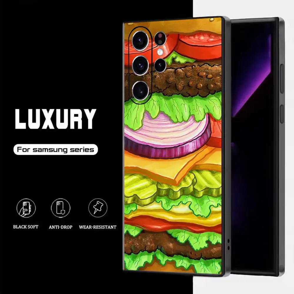 B-Bikini Bottom burgers Fries حافظة هاتف لهاتف سامسونج S25، S24، S23، S22، S21، S20، S10، Ultra، Plus، Lite، FE، غطاء أسود من السيليكون الناعم