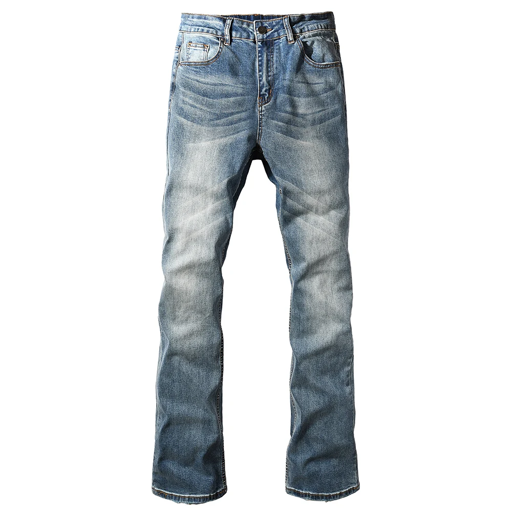 남성 슬림 부츠컷 청바지 고품질 순색 블루 코튼 데님 팬츠 캐주얼 클래식 스키니 플레어 트라우저